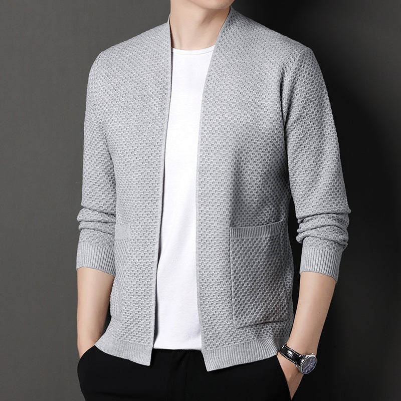 Men's open front cardigan in a honeycomb knit with two pockets - light grey