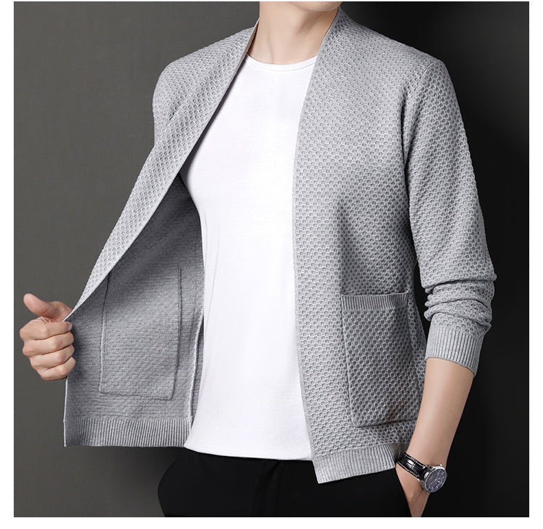 Men's open front cardigan in a honeycomb knit with two pockets - view 8