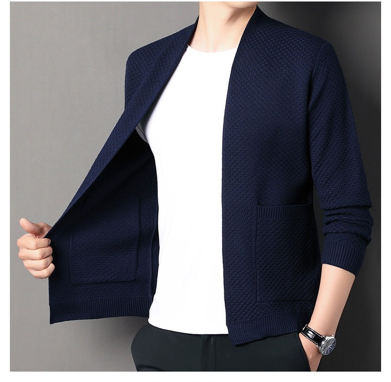 Men's open front cardigan in a honeycomb knit with two pockets - navy