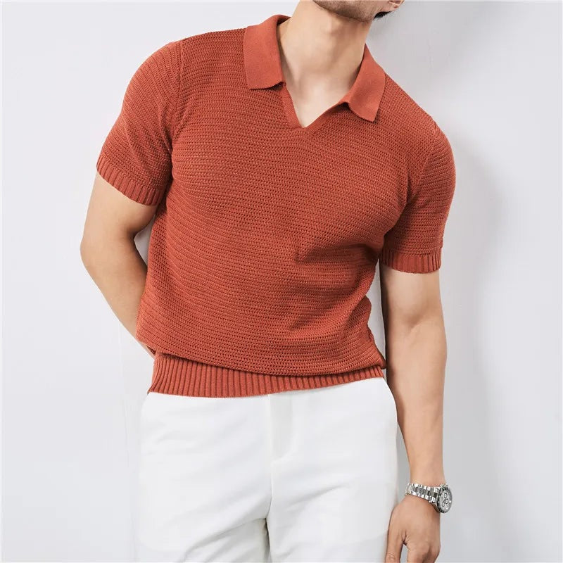 Men's open knit polo with a buttonless collar, V-neck and ribbed trims - terracotta