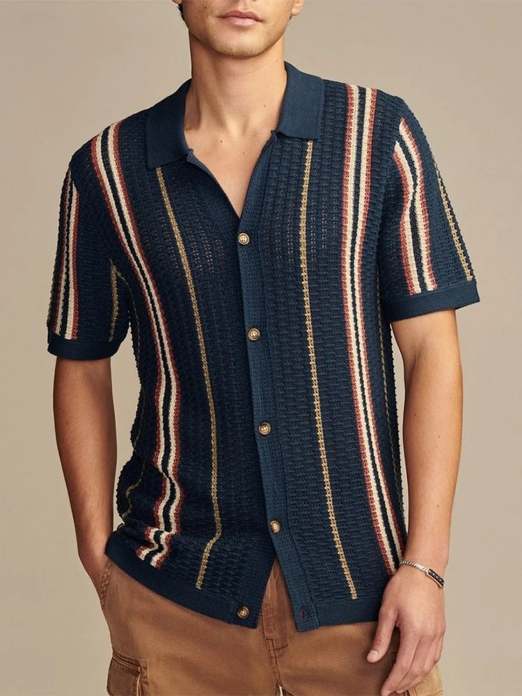 Men's open knit button-through polo with vertical stripes - navy