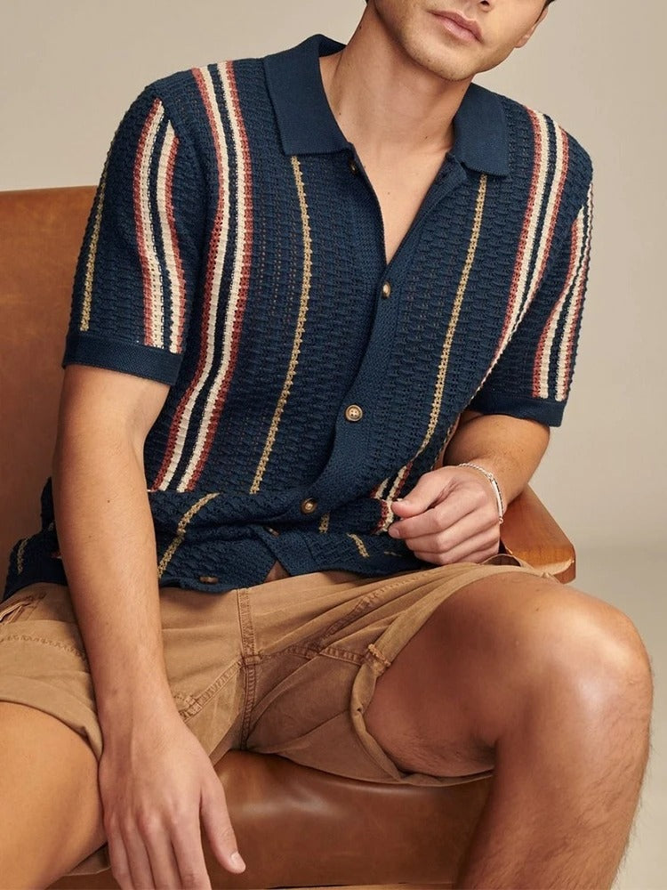 Men's open knit button-through polo with vertical stripes - view 3
