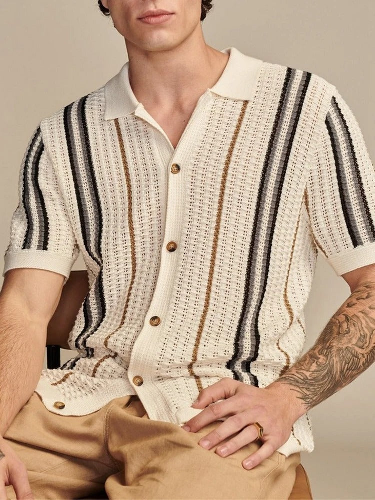 Men's open knit button-through polo with vertical stripes - view 4