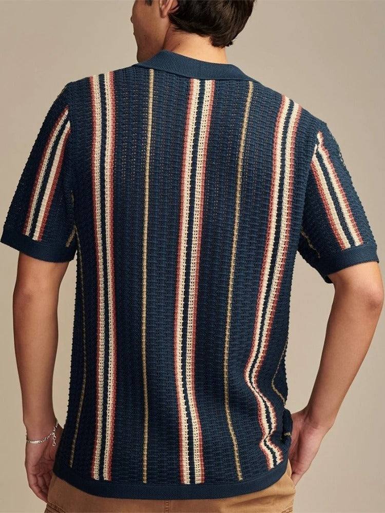 Men's open knit button-through polo with vertical stripes - view 5