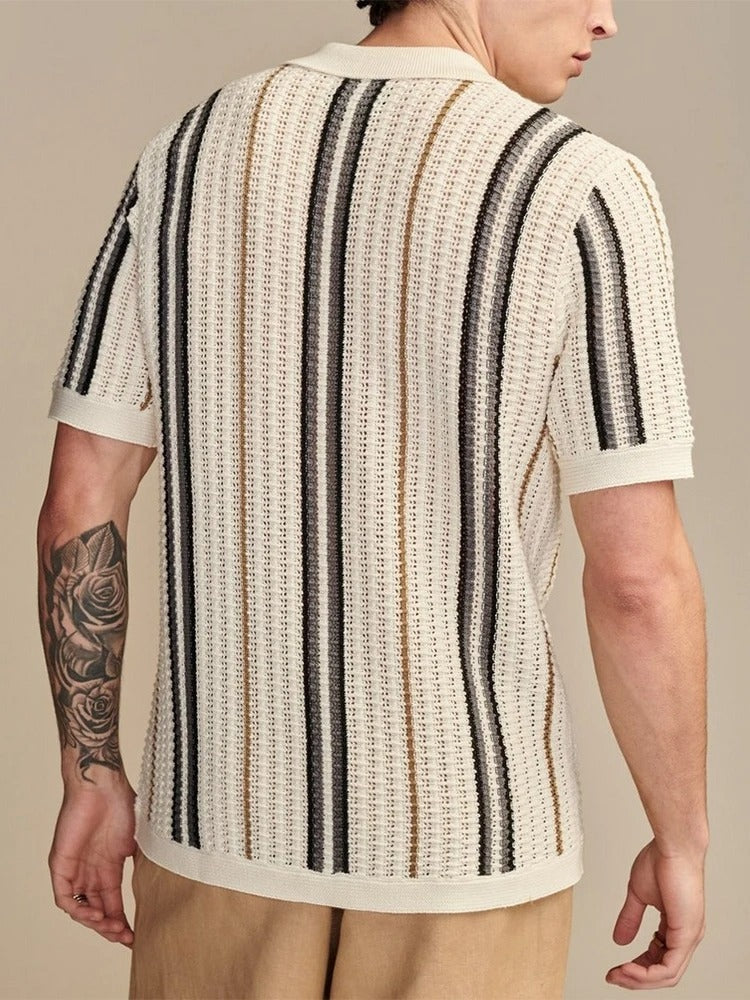 Men's open knit button-through polo with vertical stripes - view 6