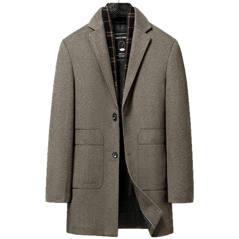 Men's single-breasted overcoat with a checked collar insert - taupe