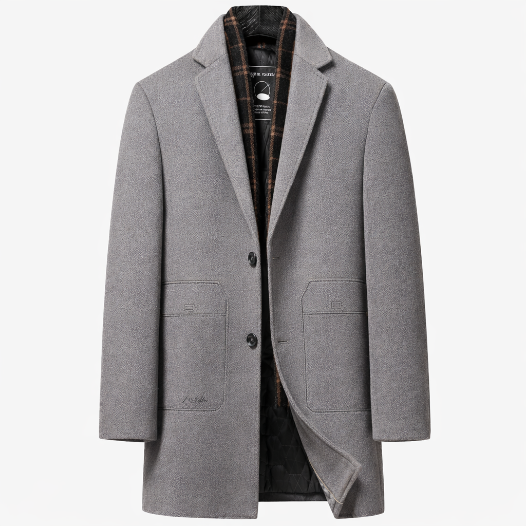 Men's single-breasted overcoat with a checked collar insert - light grey