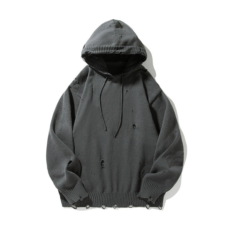 Men's oversized distressed knit hoodie with small holes, a drawstring hood and a frayed hem - charcoal