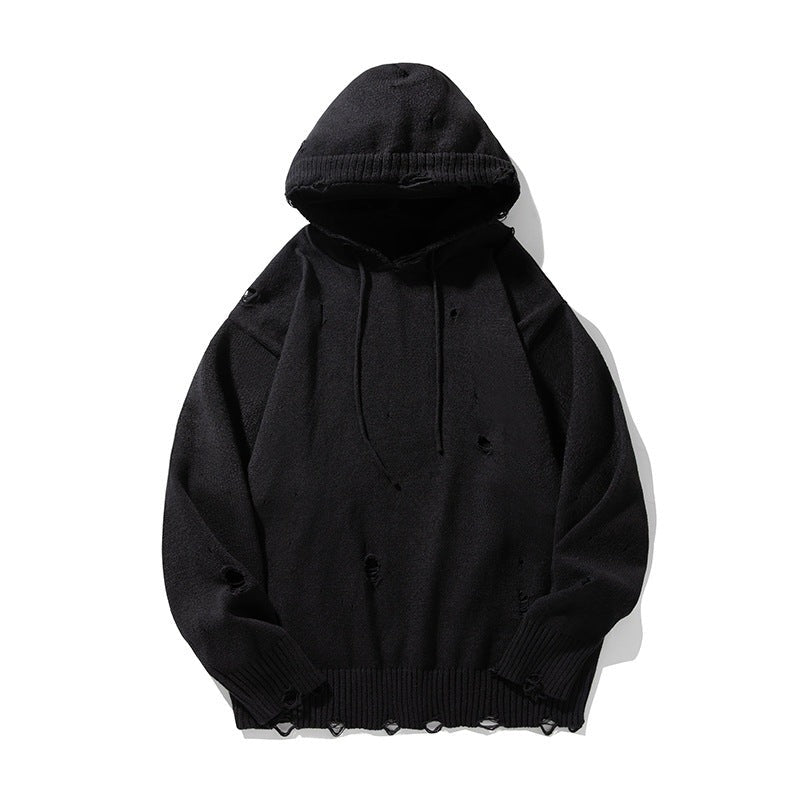Men's oversized distressed knit hoodie with small holes, a drawstring hood and a frayed hem - black