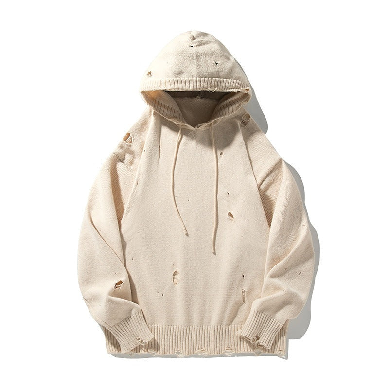 Men's oversized distressed knit hoodie with small holes, a drawstring hood and a frayed hem - cream