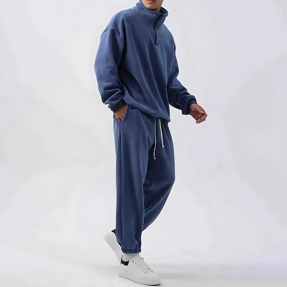 Men's oversized fleece set with a half-zip top, stand collar and joggers - steel blue