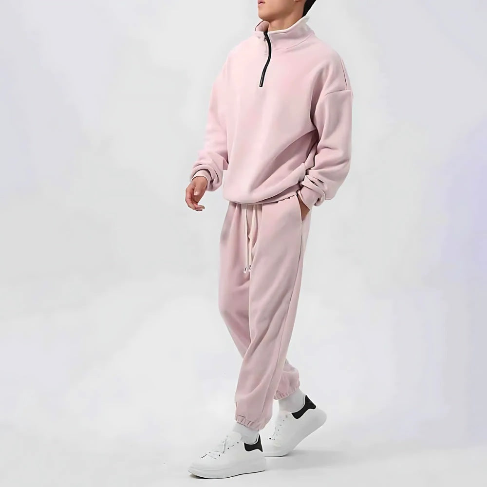 Men's oversized fleece set with a half-zip top, stand collar and joggers - light pink