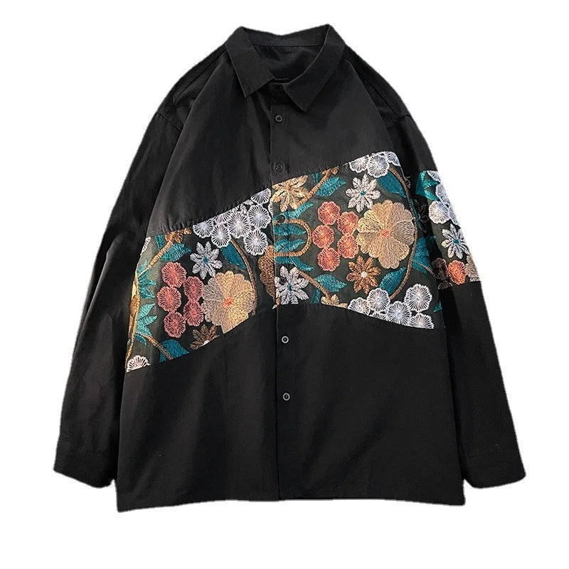 Men's oversized overshirt with an embroidered floral band and button front