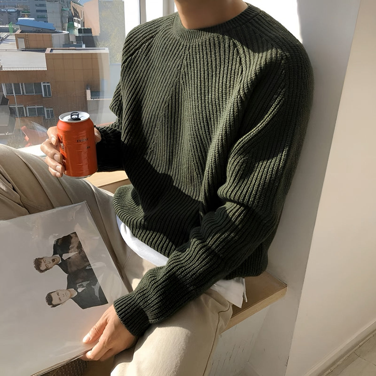 Men's oversized ribbed jumper in green with a chunky crew neck