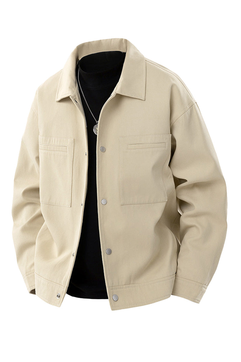 Men's oversized twill jacket with metal press studs and chest pockets - beige
