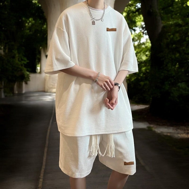 Men's oversized waffle T-shirt and drawstring shorts set - off-white