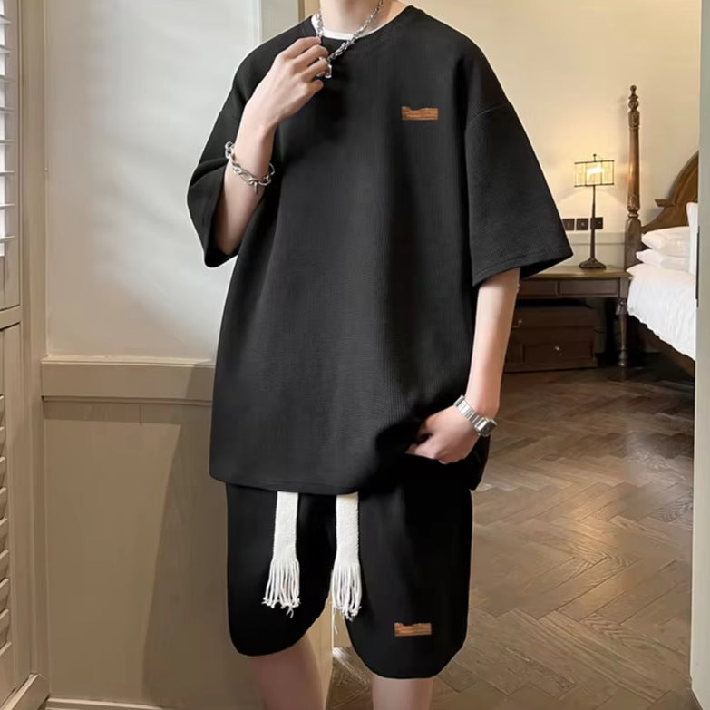 Men's oversized waffle T-shirt and drawstring shorts set - view 3