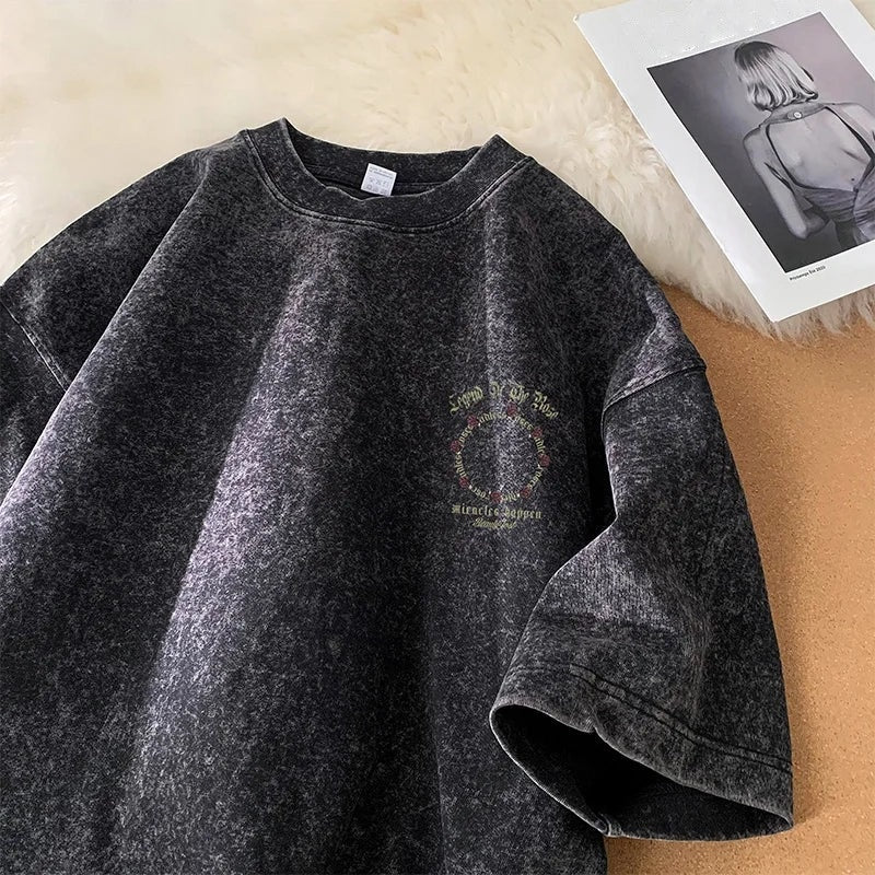 Men's oversized washed T-shirt with a large rose print on the back - washed black