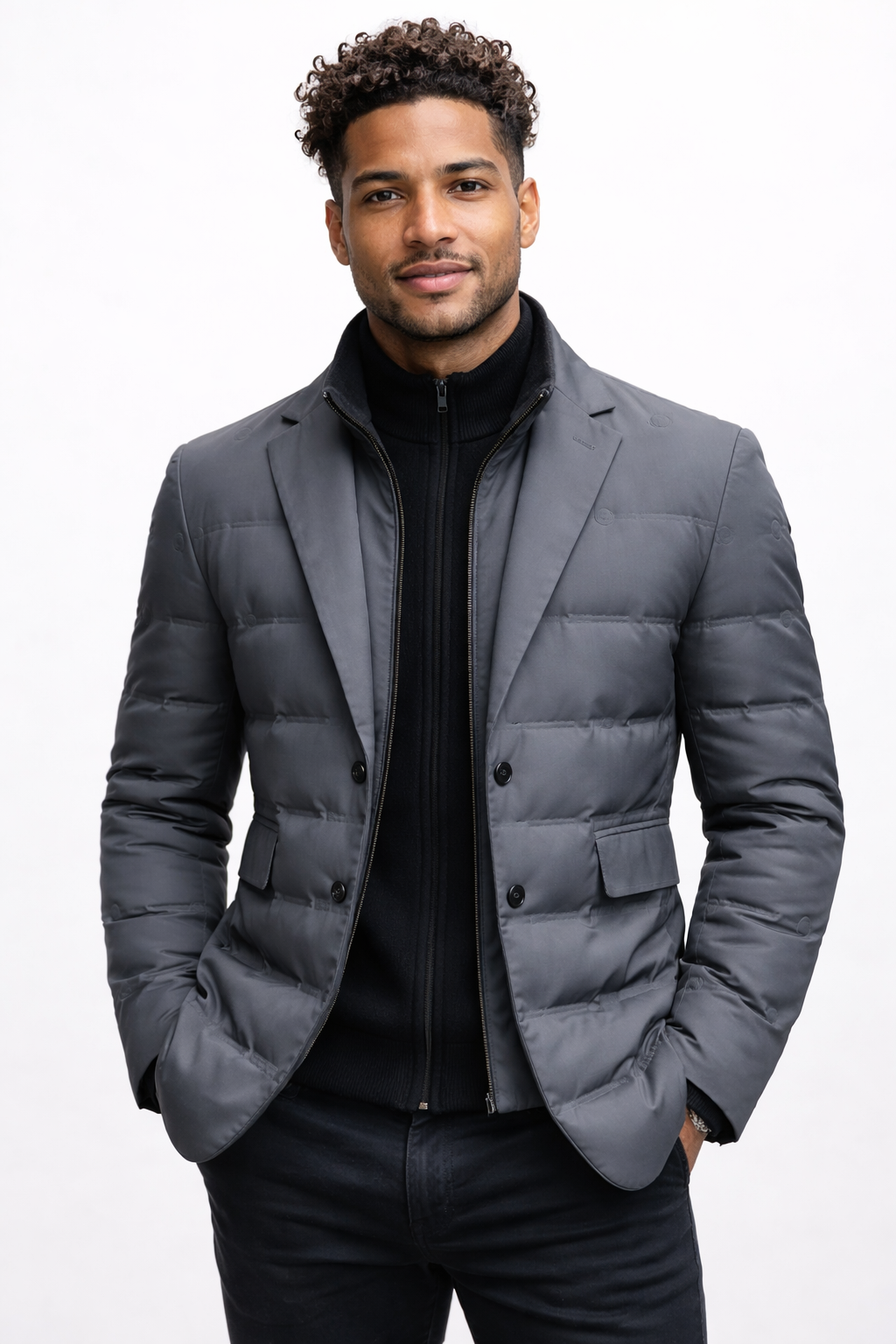 Men's padded blazer jacket with a knitted zip insert