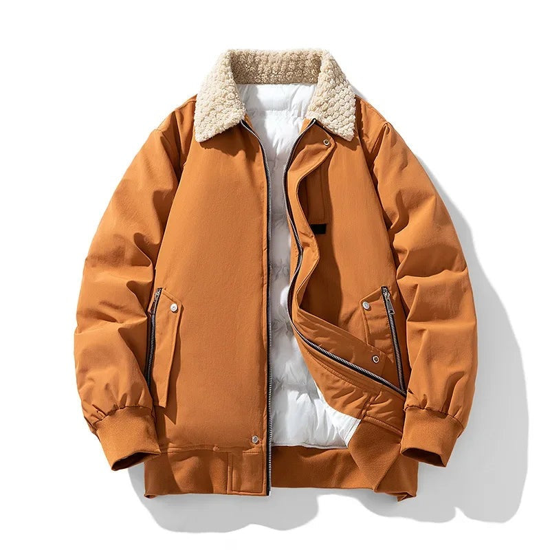 Men's padded bomber jacket with a teddy collar and vertical zip pockets - cognac