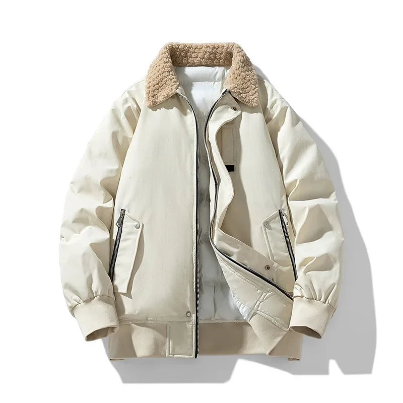 Men's padded bomber jacket with a teddy collar and vertical zip pockets - cream