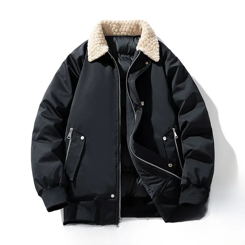 Men's padded bomber jacket with a teddy collar and vertical zip pockets - black