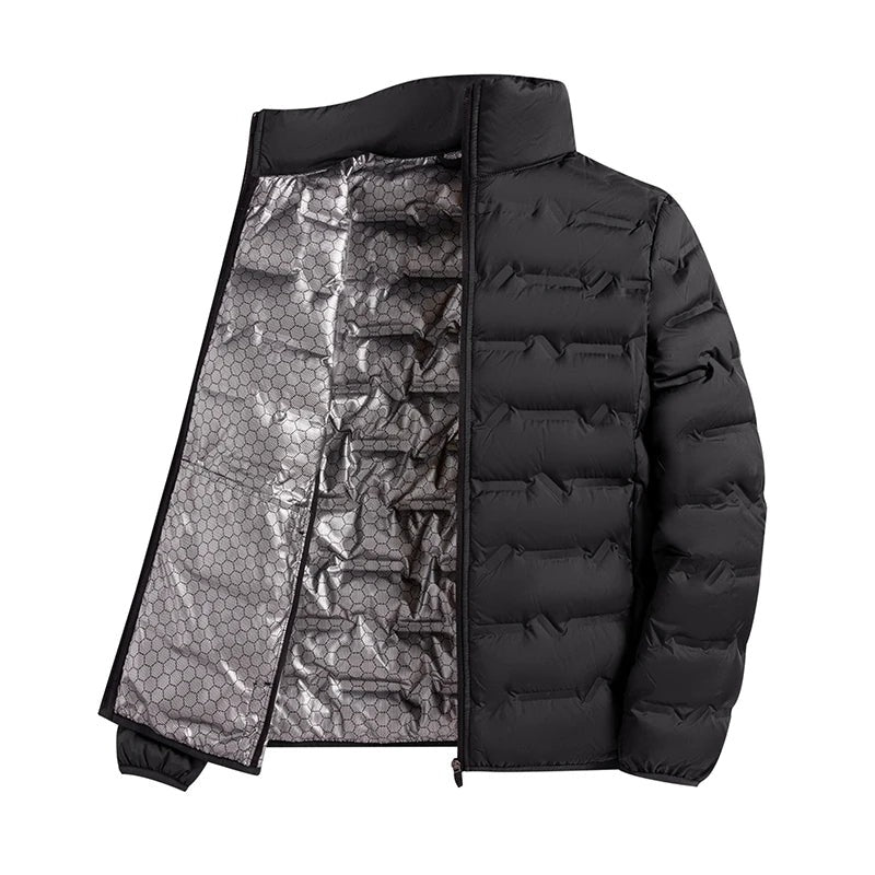 Men's padded jacket with a silver-tone lining and stand collar - black