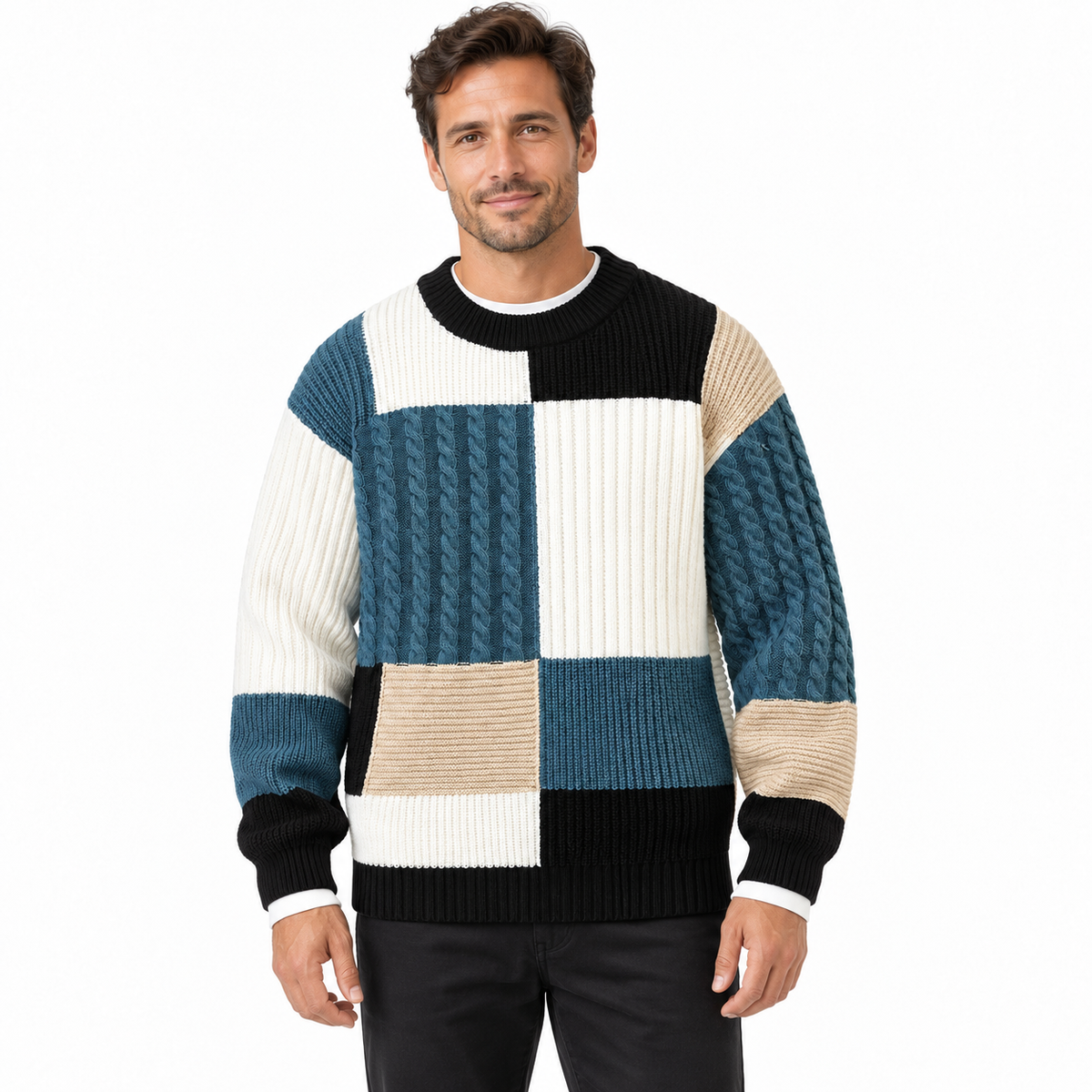 Men's patchwork jumper in cable and rib knit panels