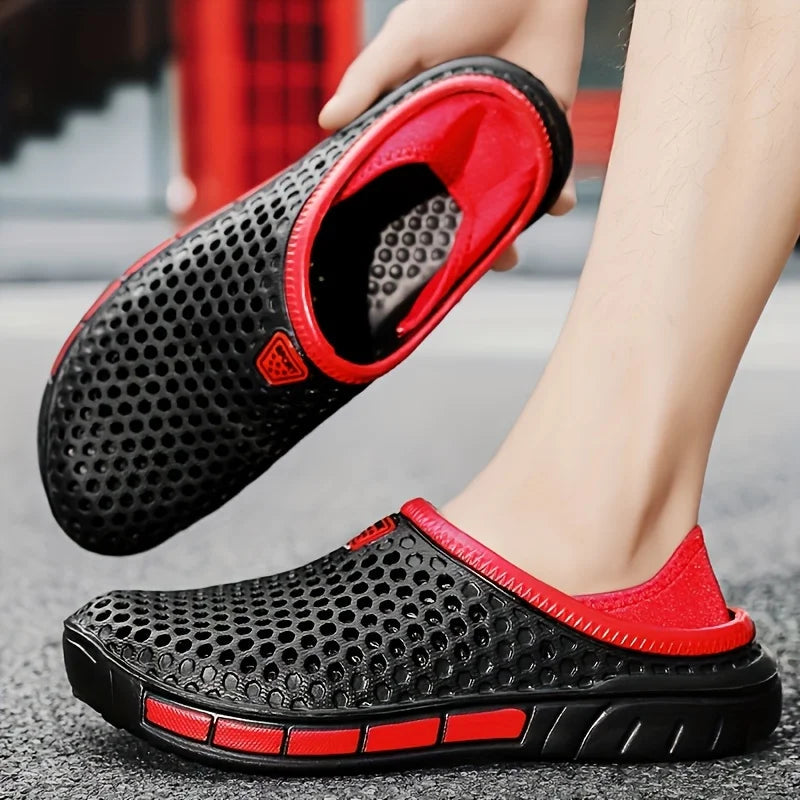 Men's perforated EVA clogs with an open back and contrast lining - black/red