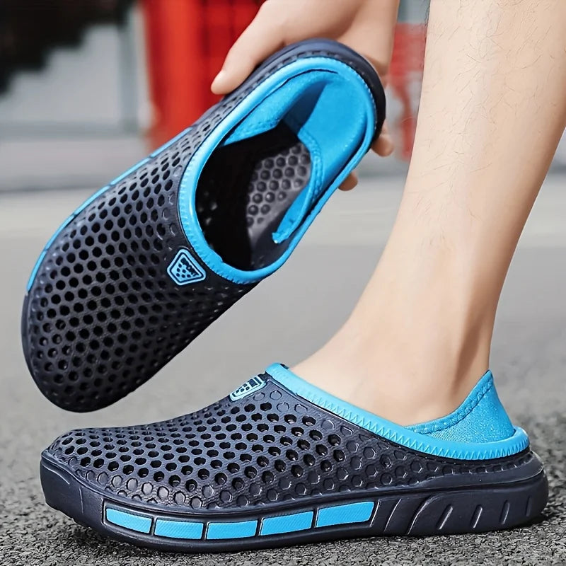 Men's perforated EVA clogs with an open back and contrast lining - navy/light blue