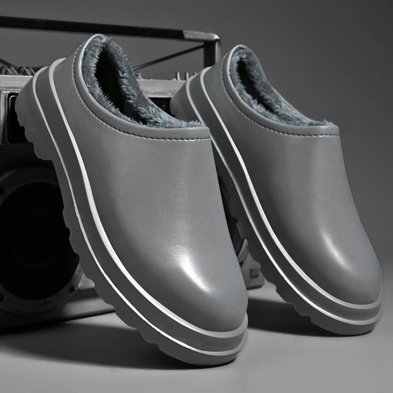 Men's closed slipper with a smooth leather-look upper, plush lining and thick lug sole - view 8