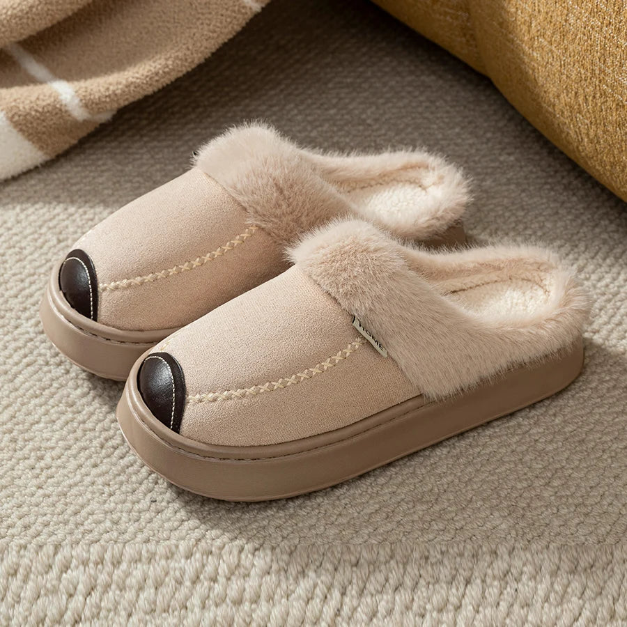 Men's platform slippers with suede look upper and plush cuff - beige