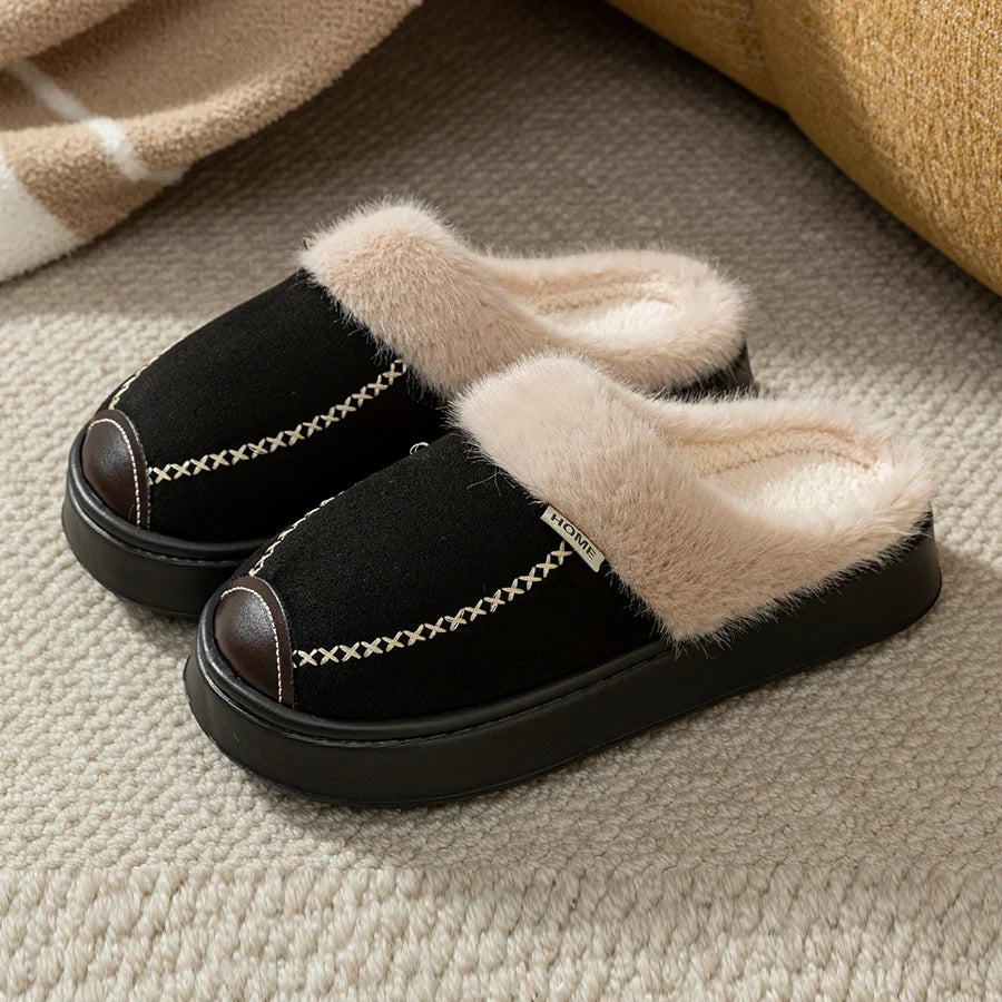 Men's platform slippers with suede look upper and plush cuff - black