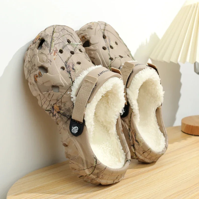 Men's plush-lined garden clogs with a twig print and pivoting heel strap
