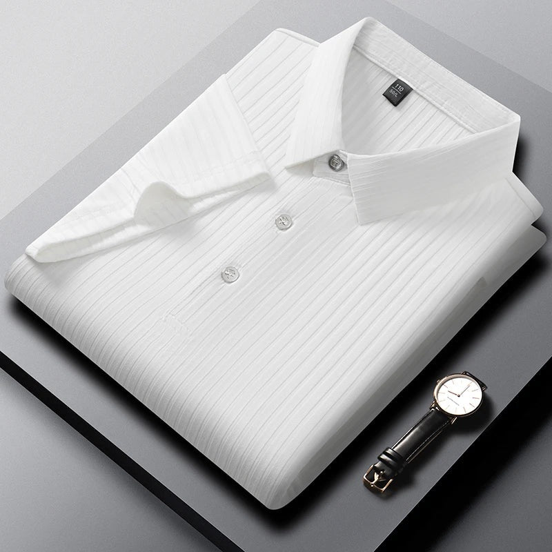Men's polo shirt with a tonal vertical rib texture and three buttons - white