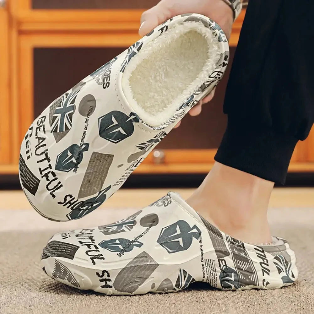 Slippers in EVA with print, plush lining and open heel - white