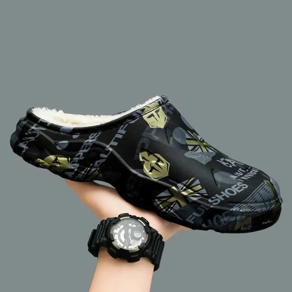 Slippers in EVA with print, plush lining and open heel - black