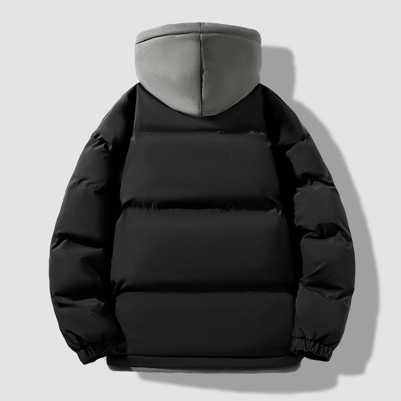 Men's puffer jacket with a fixed hood insert and storm flap - view 2