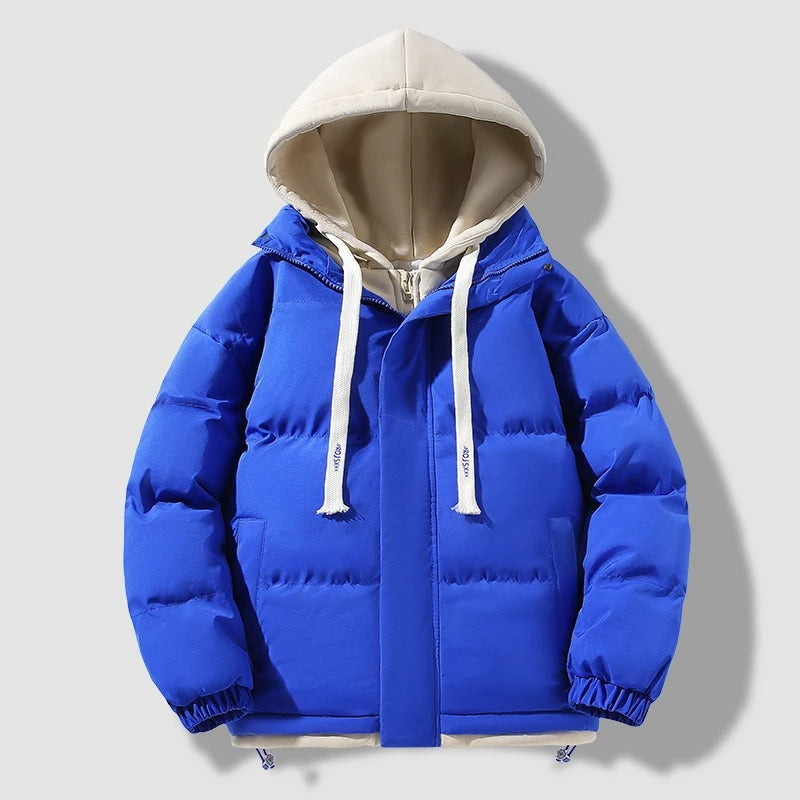 Men's puffer jacket with a fixed hood insert and storm flap - cobalt blue
