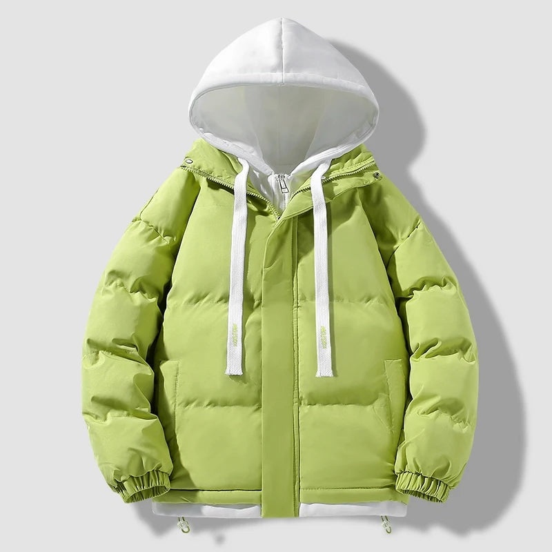 Men's puffer jacket with a fixed hood insert and storm flap - lime green
