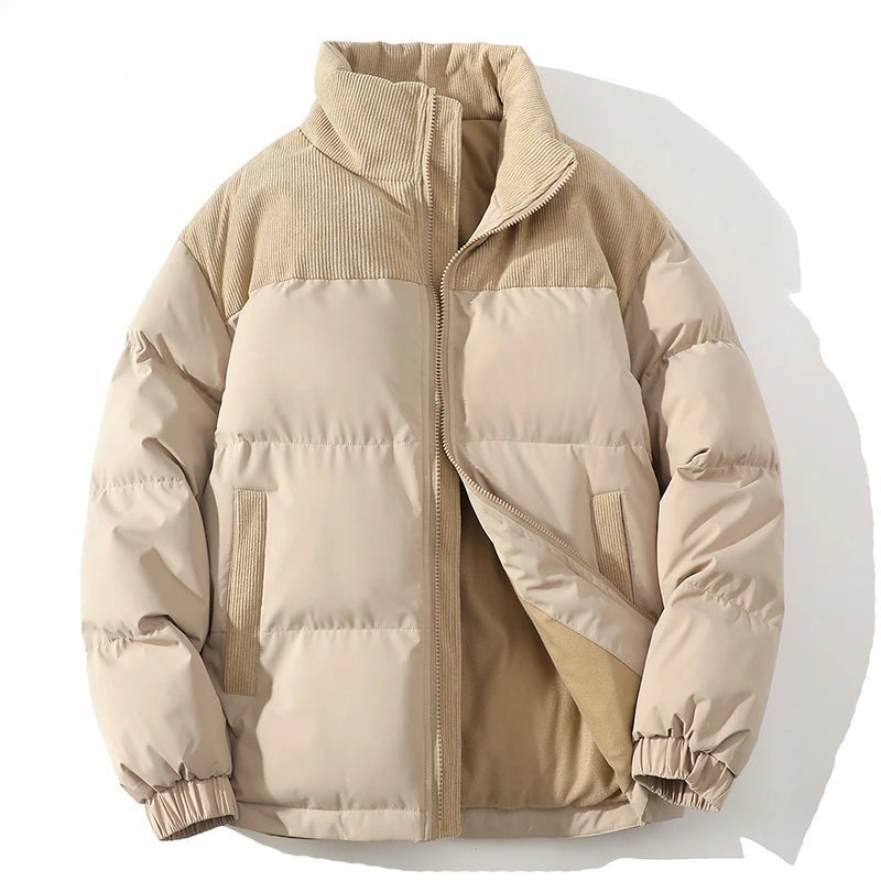 Men's puffer jacket with corduroy shoulders and a stand collar - sand