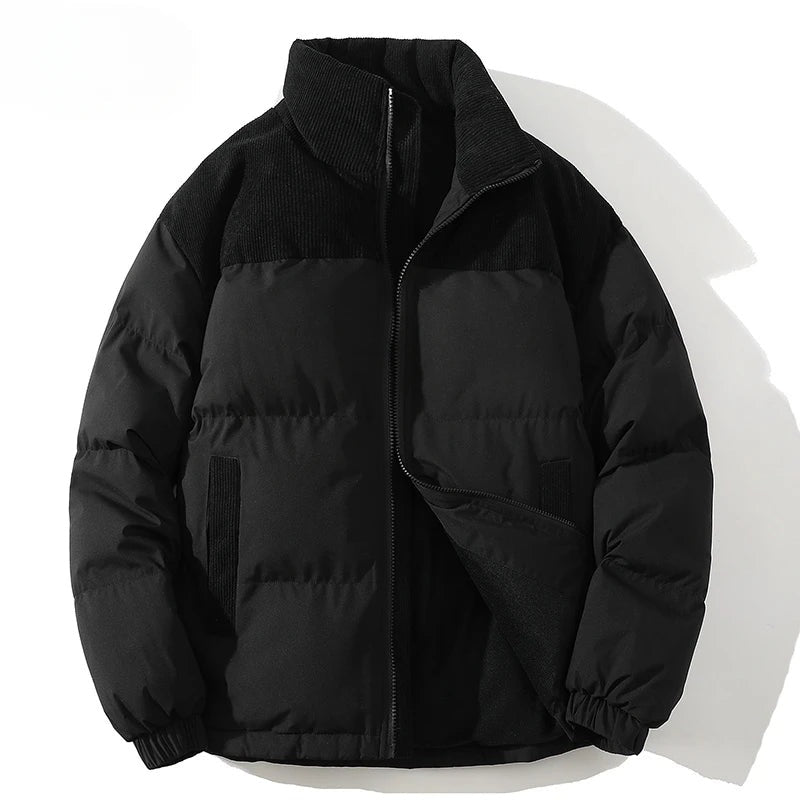 Men's puffer jacket with corduroy shoulders and a stand collar - black