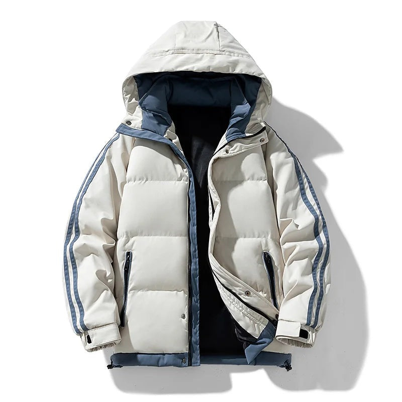 Men's puffer jacket with a detachable hood and stripes down the sleeves - off-white