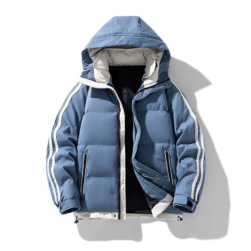 Men's puffer jacket with a detachable hood and stripes down the sleeves - blue