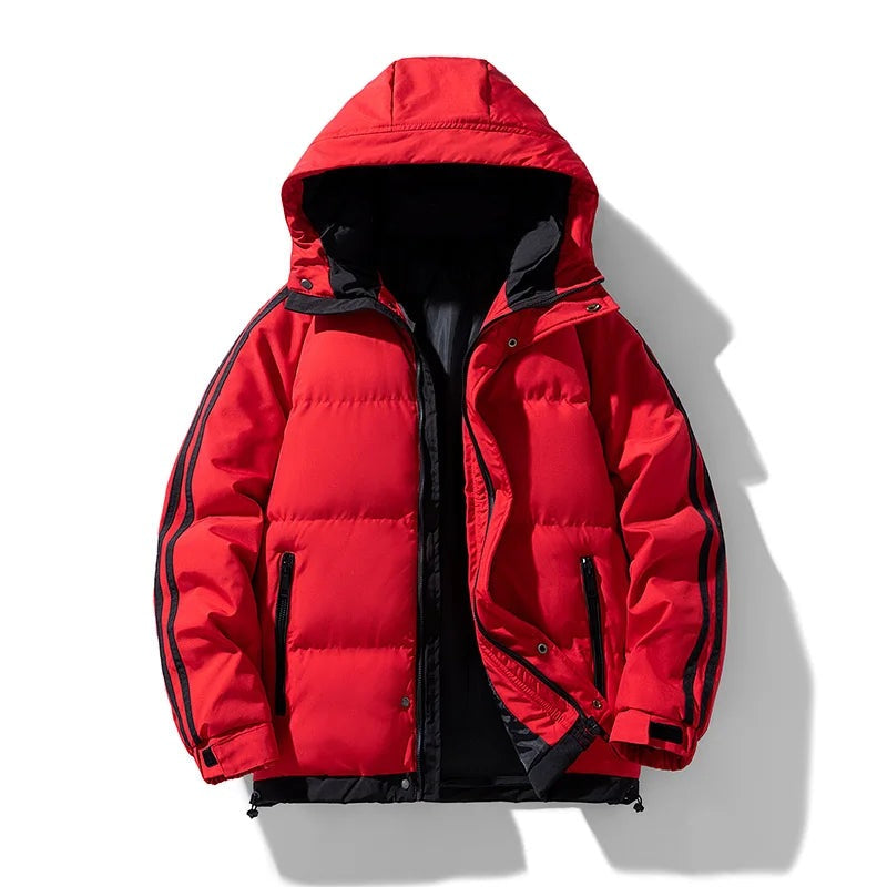 Men's puffer jacket with a detachable hood and stripes down the sleeves - red