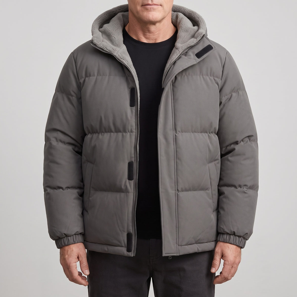 Men's puffer jacket with a fleece-lined hood and storm flap - dark grey