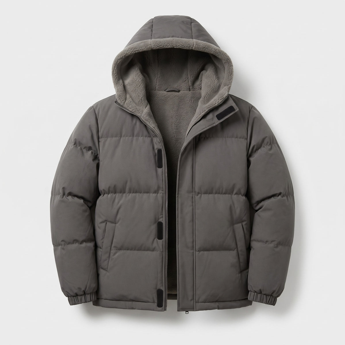 Men's puffer jacket with a fleece-lined hood and storm flap - dark grey