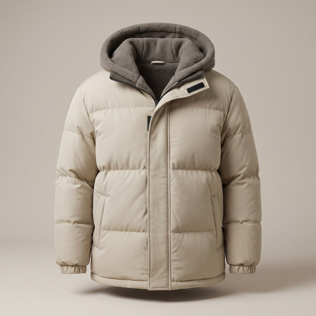 Men's puffer jacket with a fleece-lined hood and storm flap - cream