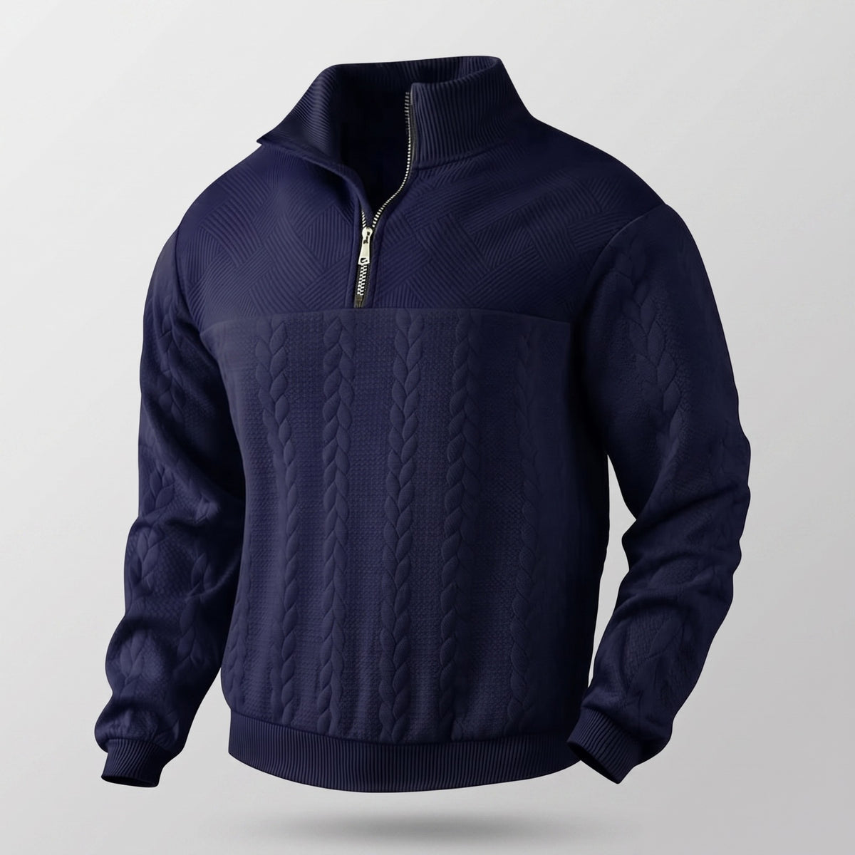 Men's quarter-zip sweatshirt with a cable texture and stand collar - navy