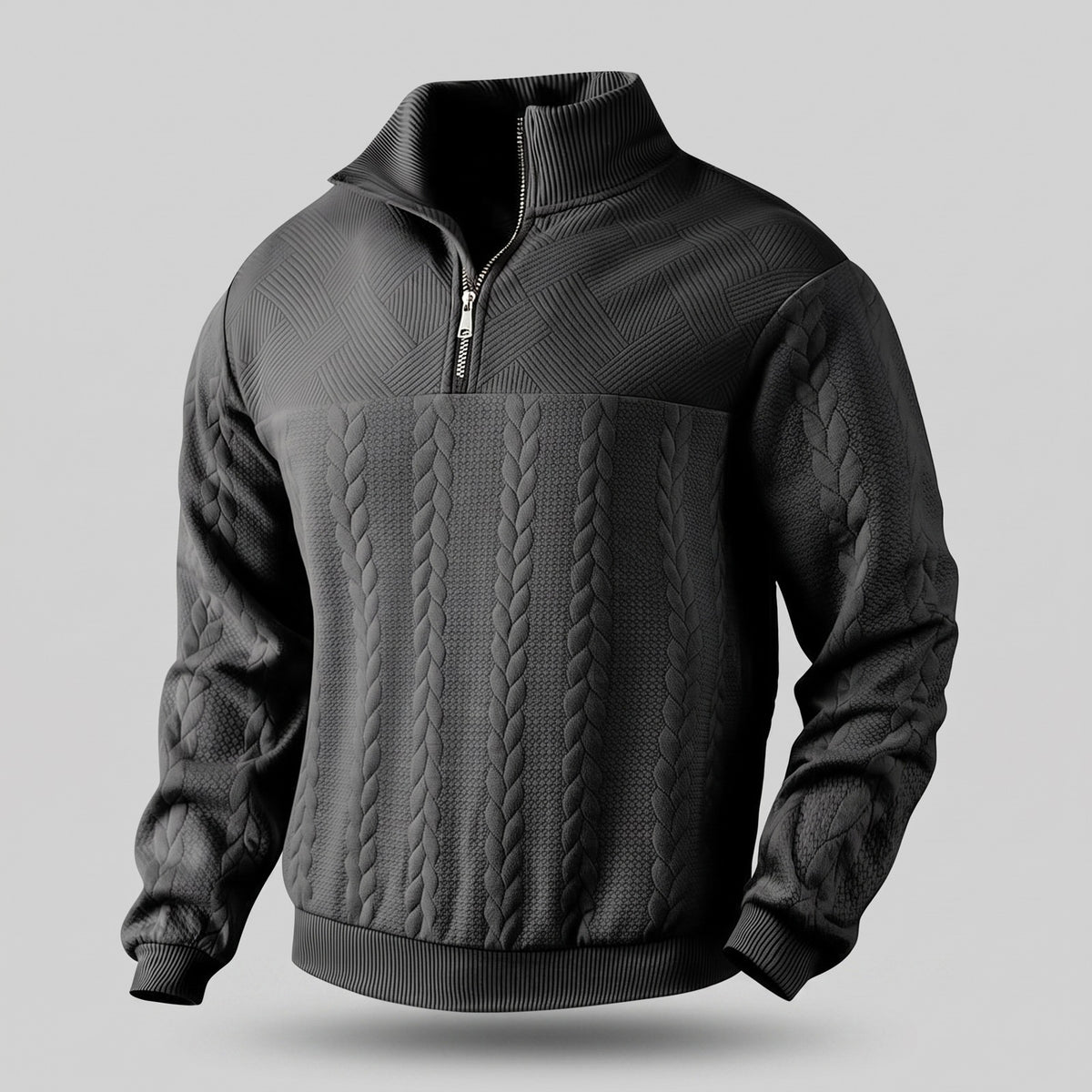 Men's quarter-zip sweatshirt with a cable texture and stand collar - black